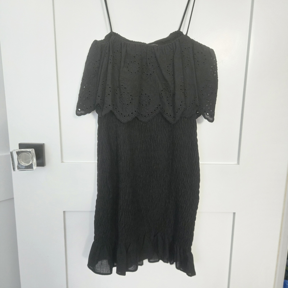 NWT Zara XS Black Spaghetti Strap Mini Dress Ruffled Top Stretch Rouch Bottom - Picture 10 of 11